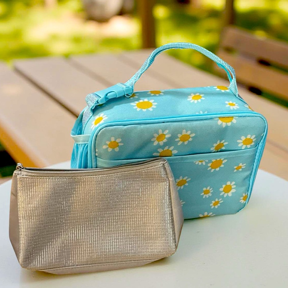 Cat & Jack Daisy blue yellow white lunch tote Lancôme silver bag zipper closures
